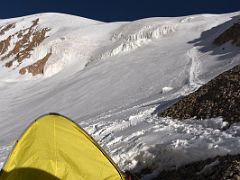 02A My tent with the route to the ridge above in the early morning from Ak-Sai Travel Lenin Peak Camp 2 5400m